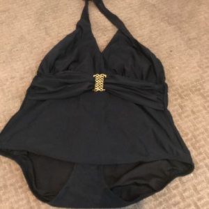 Halter black swimsuit with gold belt detailing